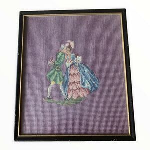 Vintage John Wanamaker Needlepoint Wood Frame Fine Art Couple Kissing Victorian